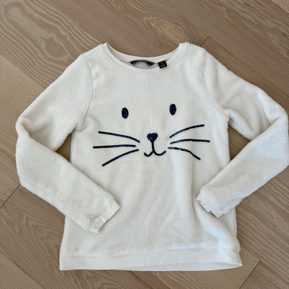Lands' End White Plush Cat Face Sweatshirt with Navy Embroidery